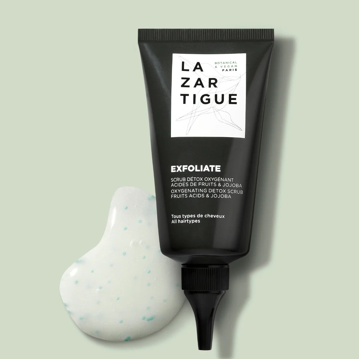 Lazartigue Scalp Exfoliating Gel 75ml with jojoba beads shown in creamy texture, ideal for detox and deep scalp cleansing for all hair types.