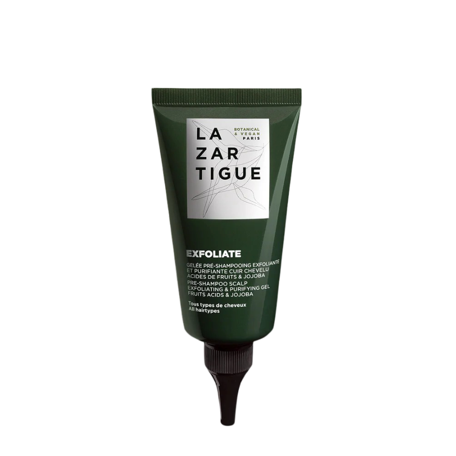 Lazartigue Exfoliating & Purifying Gel 75ml in dark green tube packaging, sulfate-free shampoo designed for detox and healthy scalp maintenance.