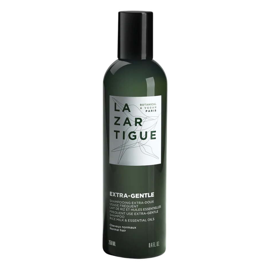 Lazartigue Extra-Gentle Shampoo 250 ml in a sleek dark green bottle, vegan and sulfate-free formula for all hair types, 93% natural ingredients.