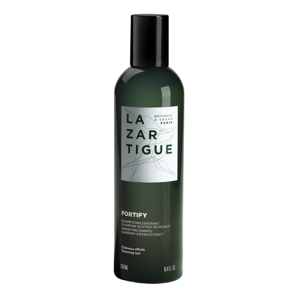 Lazartigue Fortify Shampoo 250 ml bottle for thinning hair, enriched with guarana and ricinus to strengthen and densify fragile strands.