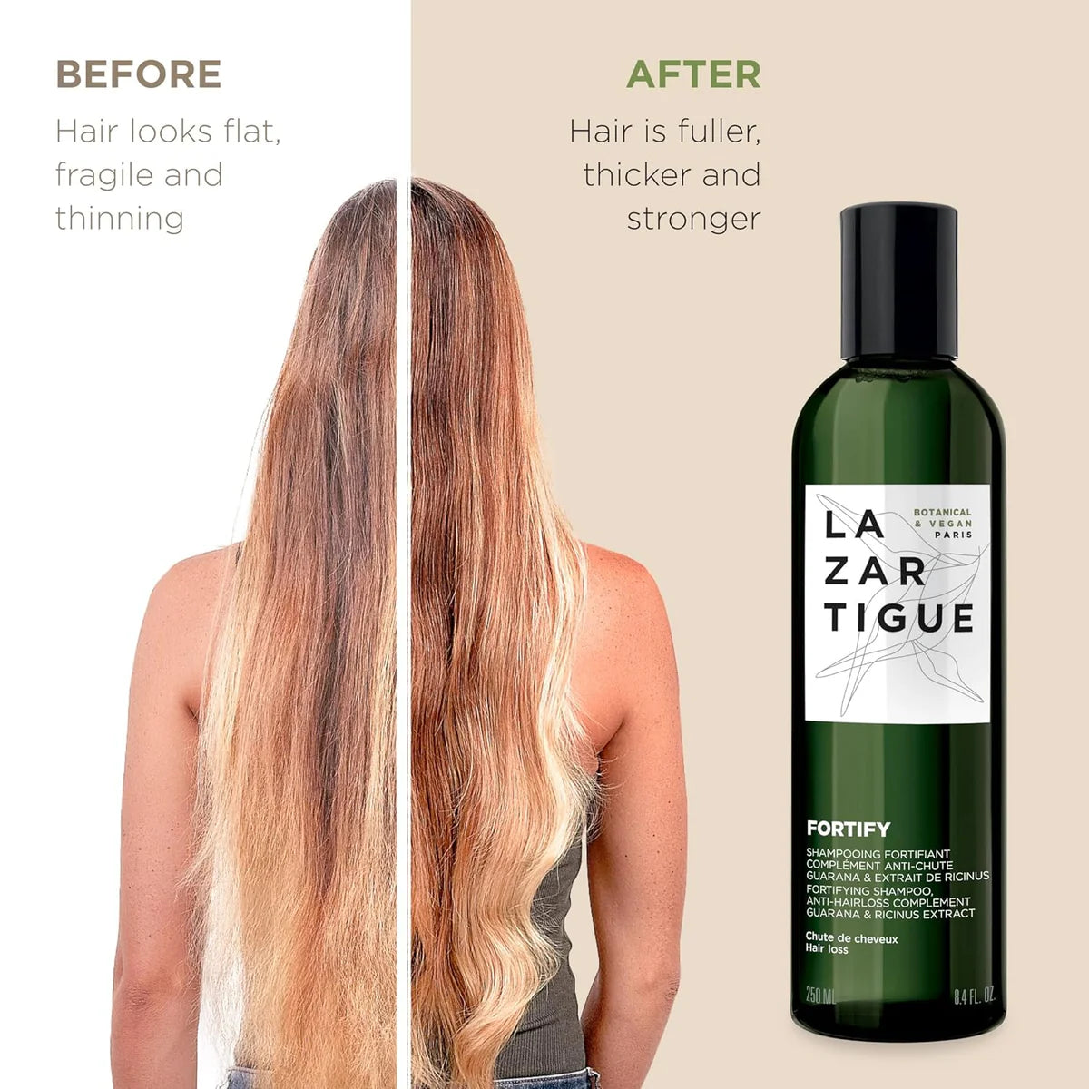 Before and after results of Lazartigue Fortify Shampoo showing transformation from thinning to fuller, stronger hair.