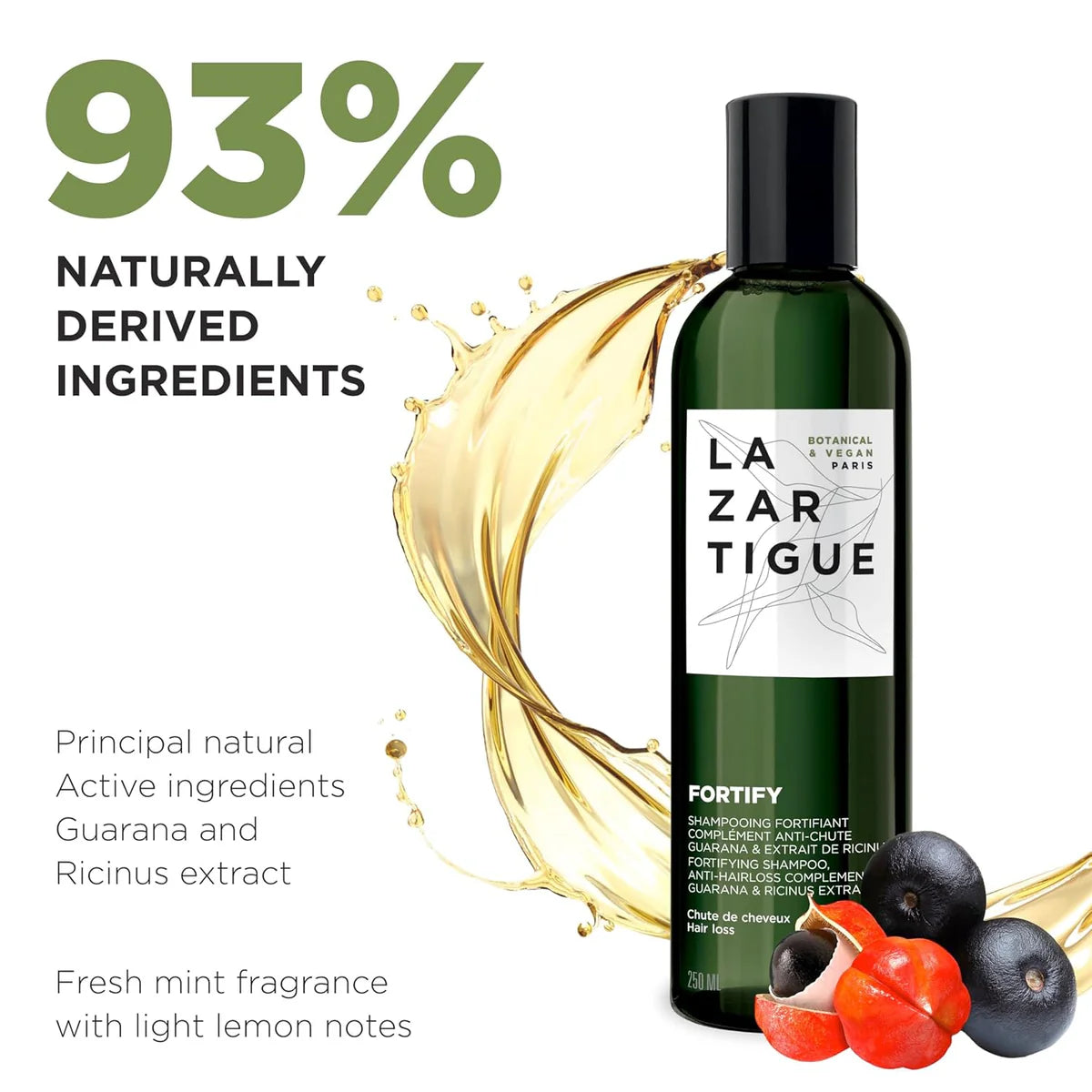 Lazartigue Fortify Shampoo with 93% natural ingredients including guarana and ricinus, promoting thicker, healthier hair.