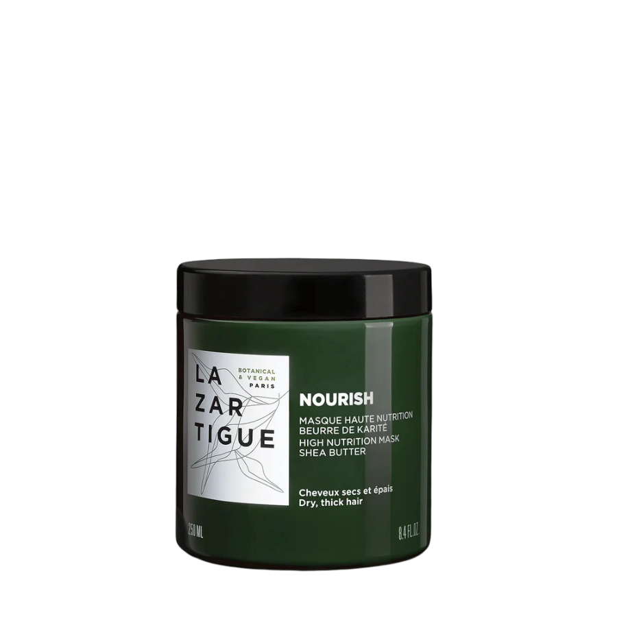 Lazartigue Mask 250 ml - Vegan Hair Mask for Dry Hair in a dark green jar with black lid, enriched with shea butter for deep hydration.