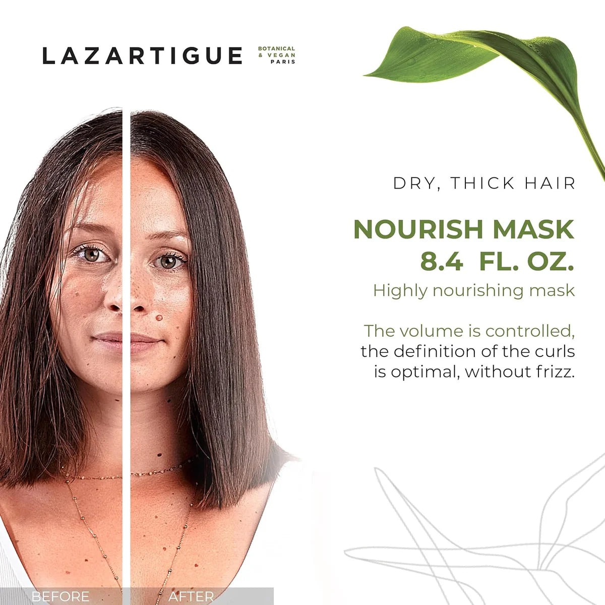 Lazartigue Mask 250 ml - Vegan Hair Mask for Dry Hair shown with before and after results, reducing frizz and enhancing curl definition for dry, thick hair.