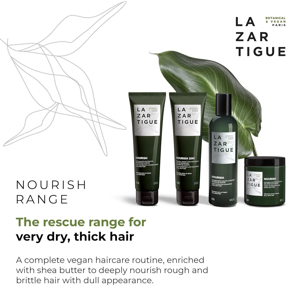 Lazartigue Mask 250 ml - Vegan Hair Mask for Dry Hair part of the Nourish range, designed to rescue very dry, thick hair with shea butter-rich formulas.