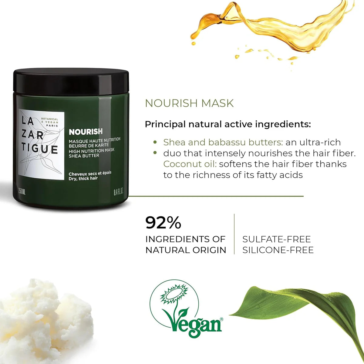 Lazartigue Mask 250 ml - Vegan Hair Mask for Dry Hair made with 92% natural origin ingredients like shea, babassu, and coconut oils for intense nourishment.