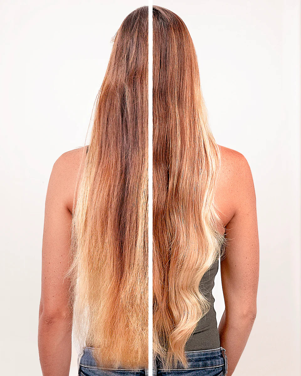 Before and after results using Lazartigue Hair Oil - Nourishing Vegan Shine showing transformation from dry to smooth, shiny hair.