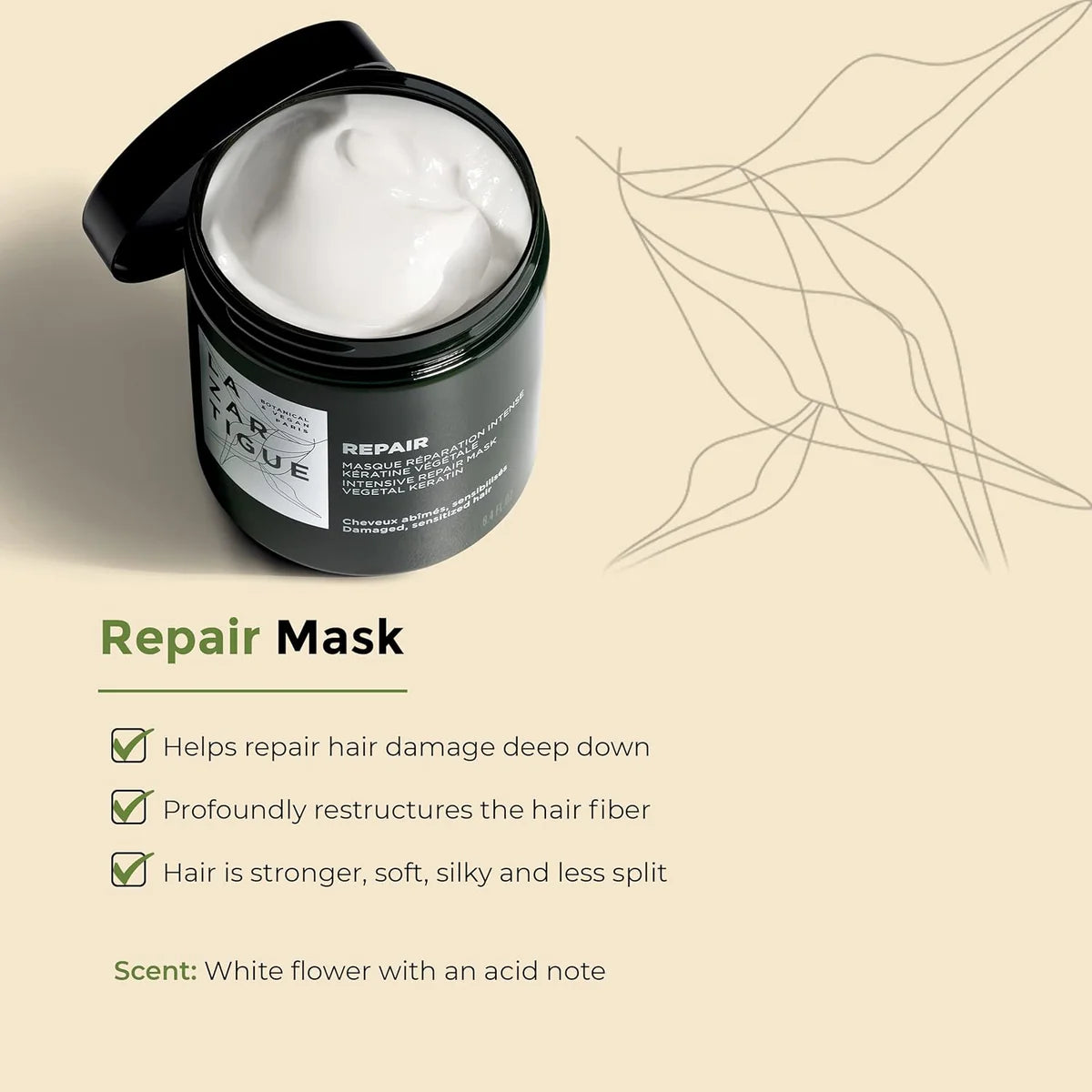 Open Lazartigue Repair Mask showing creamy texture; highlights benefits like deep repair, fiber restructuring, and silky, split-free hair.