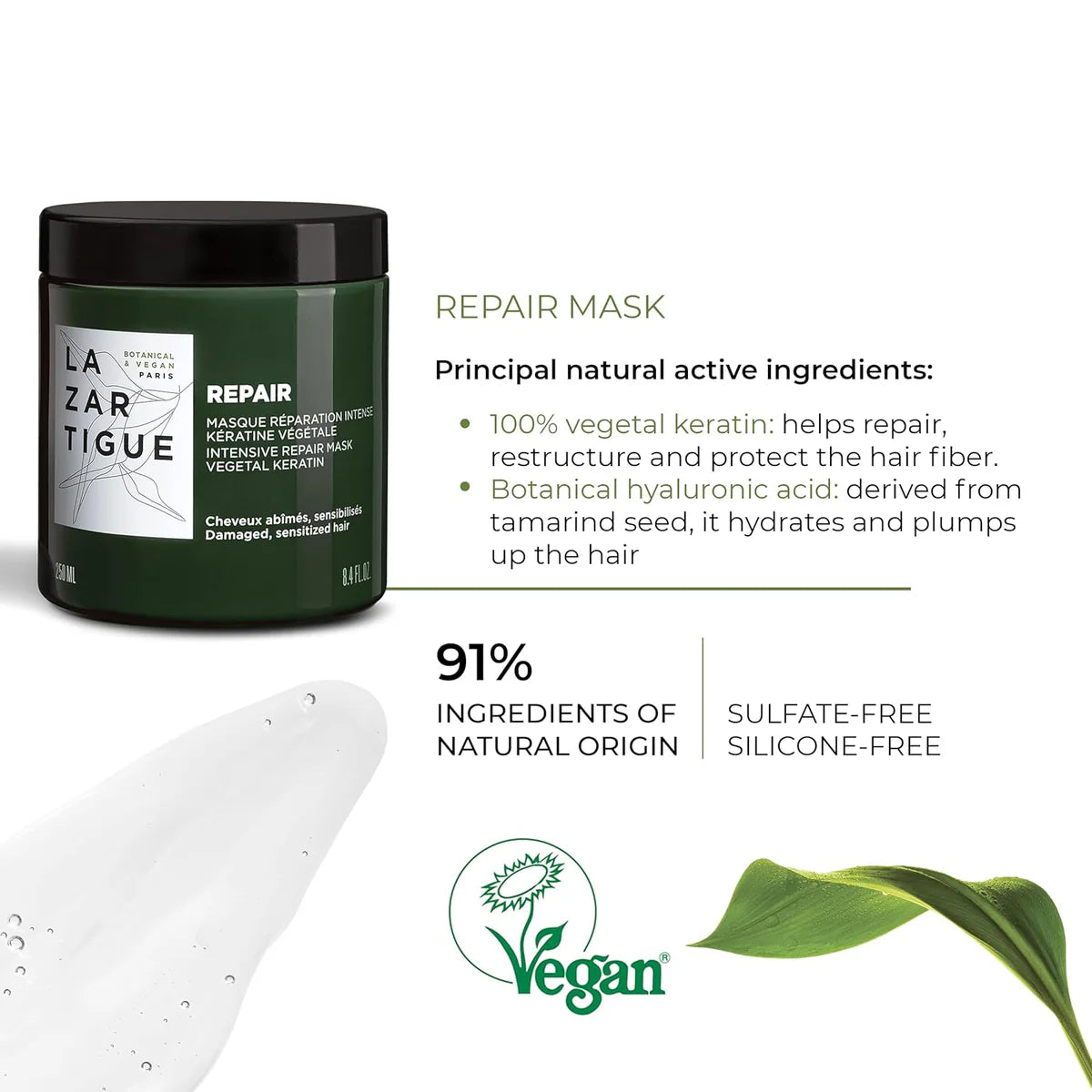Lazartigue Intensive Repair Mask with 91% natural ingredients, vegan formula, sulfate-free and silicone-free for damaged hair restoration.