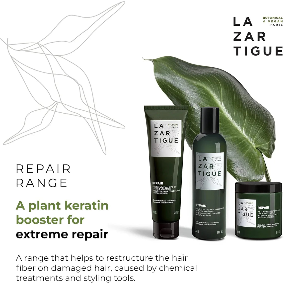 Lazartigue Repair Range featuring plant keratin hair care products for extreme repair of chemically treated and over-processed hair.