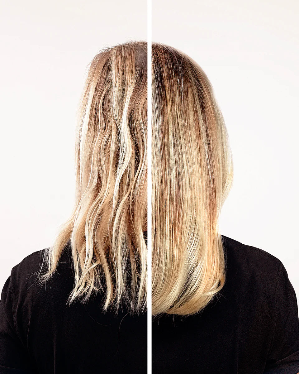 Before and after comparison of fine blonde hair using Lazartigue Light Conditioner, showing improved smoothness and shine.
