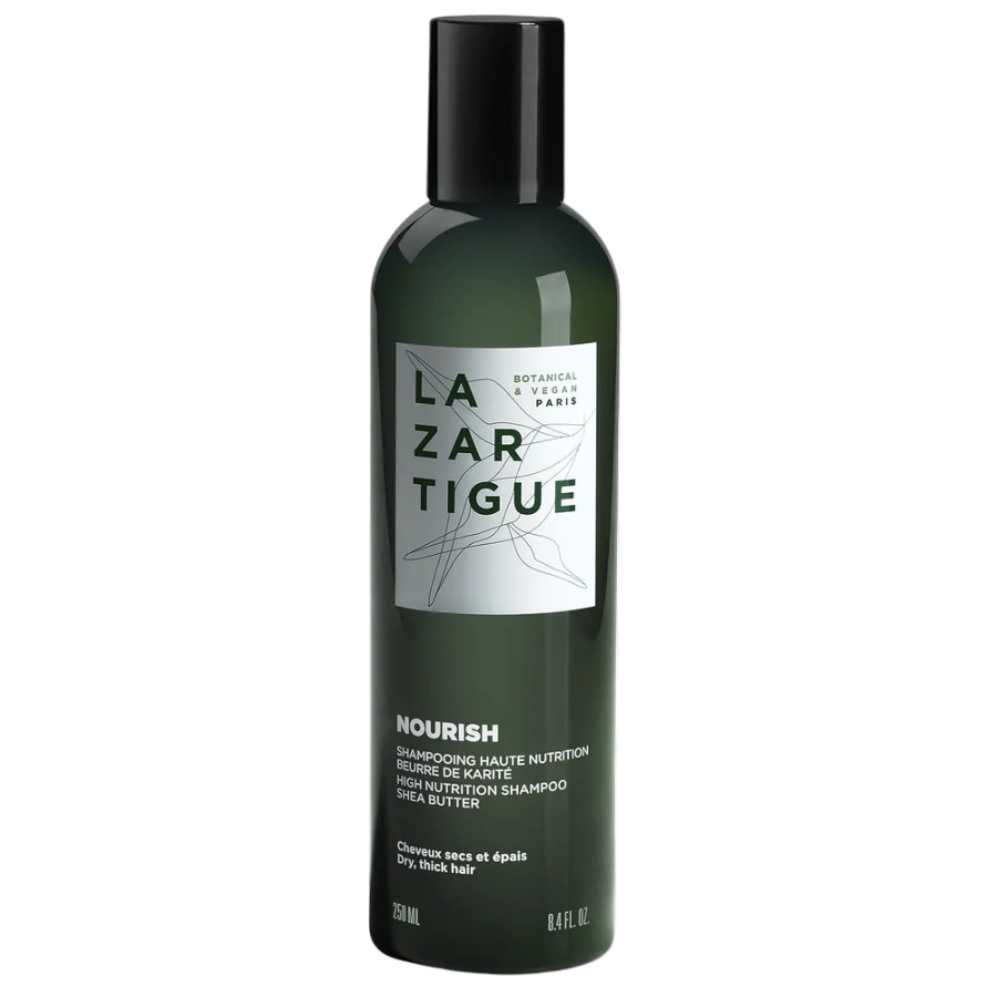 Lazartigue Nourish Shampoo 250 ml bottle for dry, thick hair with vegan, sulfate-free formula enriched with shea butter for hydration and shine.