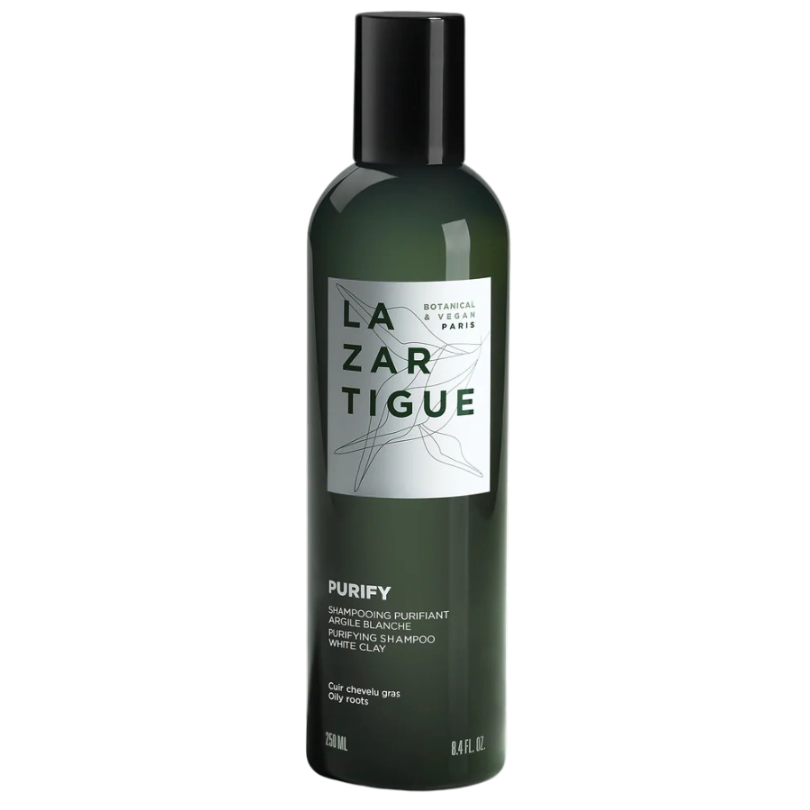 Lazartigue Purify Shampoo 250 ml for oily scalp in dark green bottle with white label, ideal for natural hair care and moisture balance.