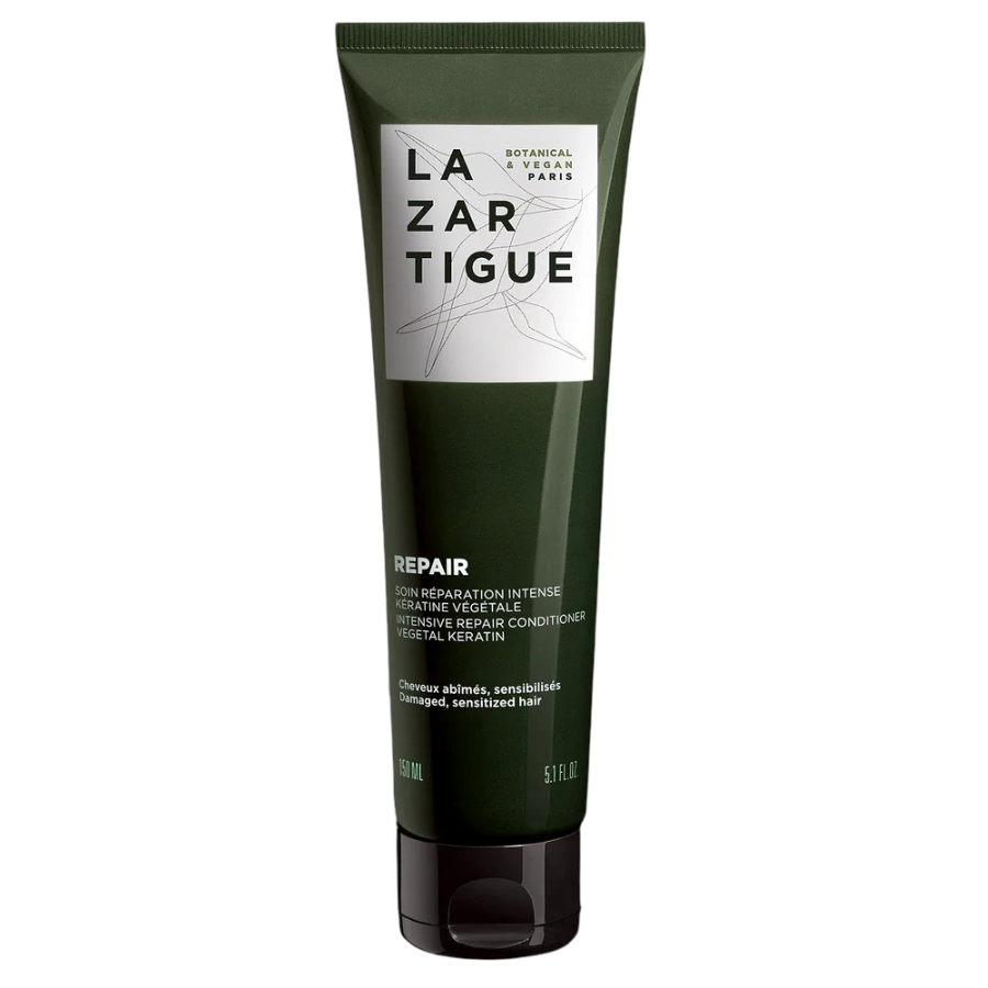 Lazartigue Repair Conditioner 150 ml tube with vegan keratin for damaged hair, ideal for restoring strength and shine in over-processed hair.