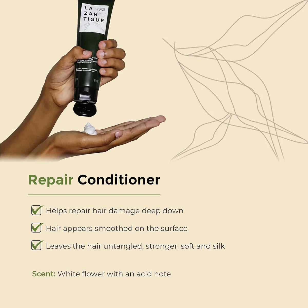 Lazartigue Repair Conditioner benefits infographic highlighting hair repair, softness, and detangling with a white flower scent.