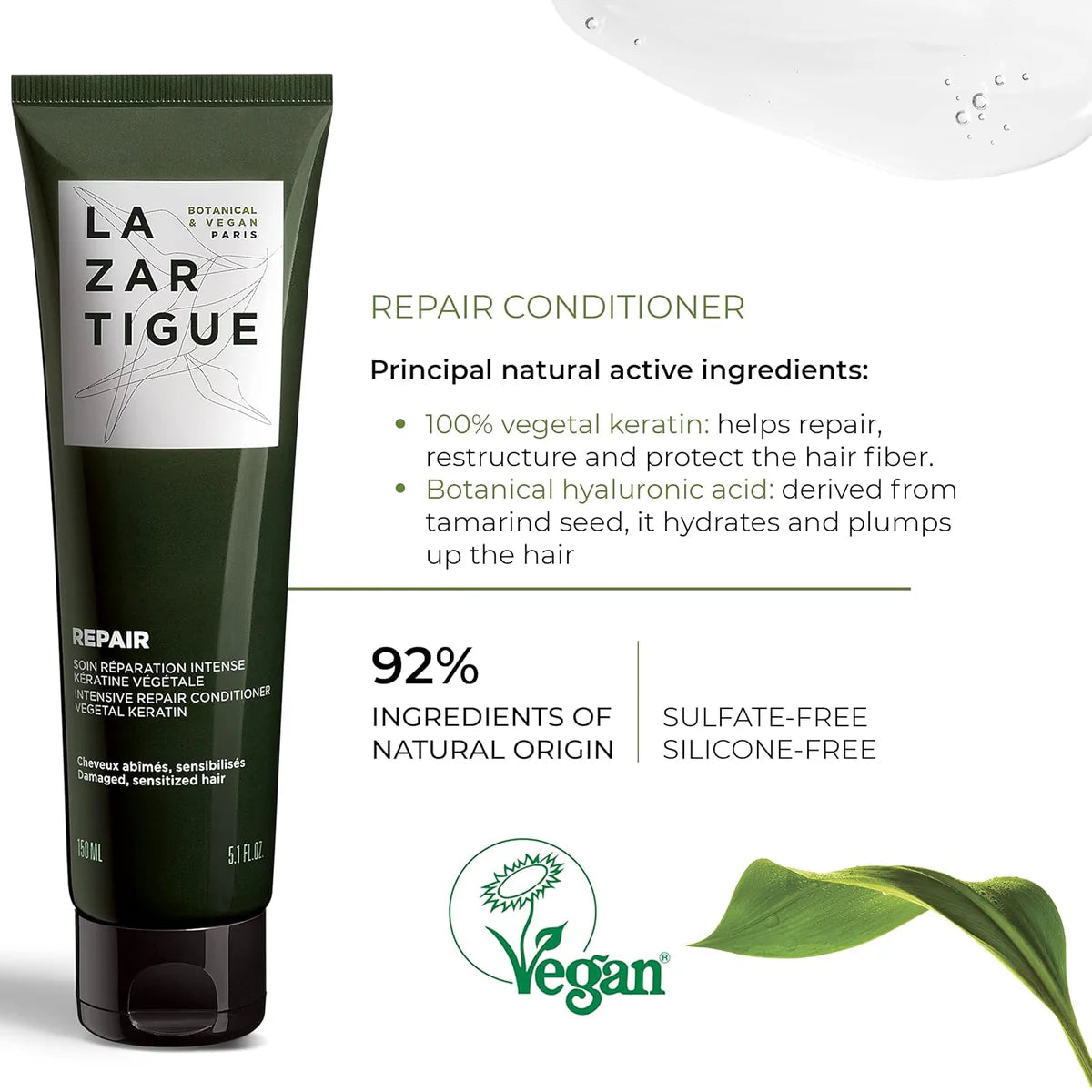 Lazartigue Repair Conditioner ingredients and features including 100% vegetal keratin, hyaluronic acid, and vegan, sulfate-free formula.