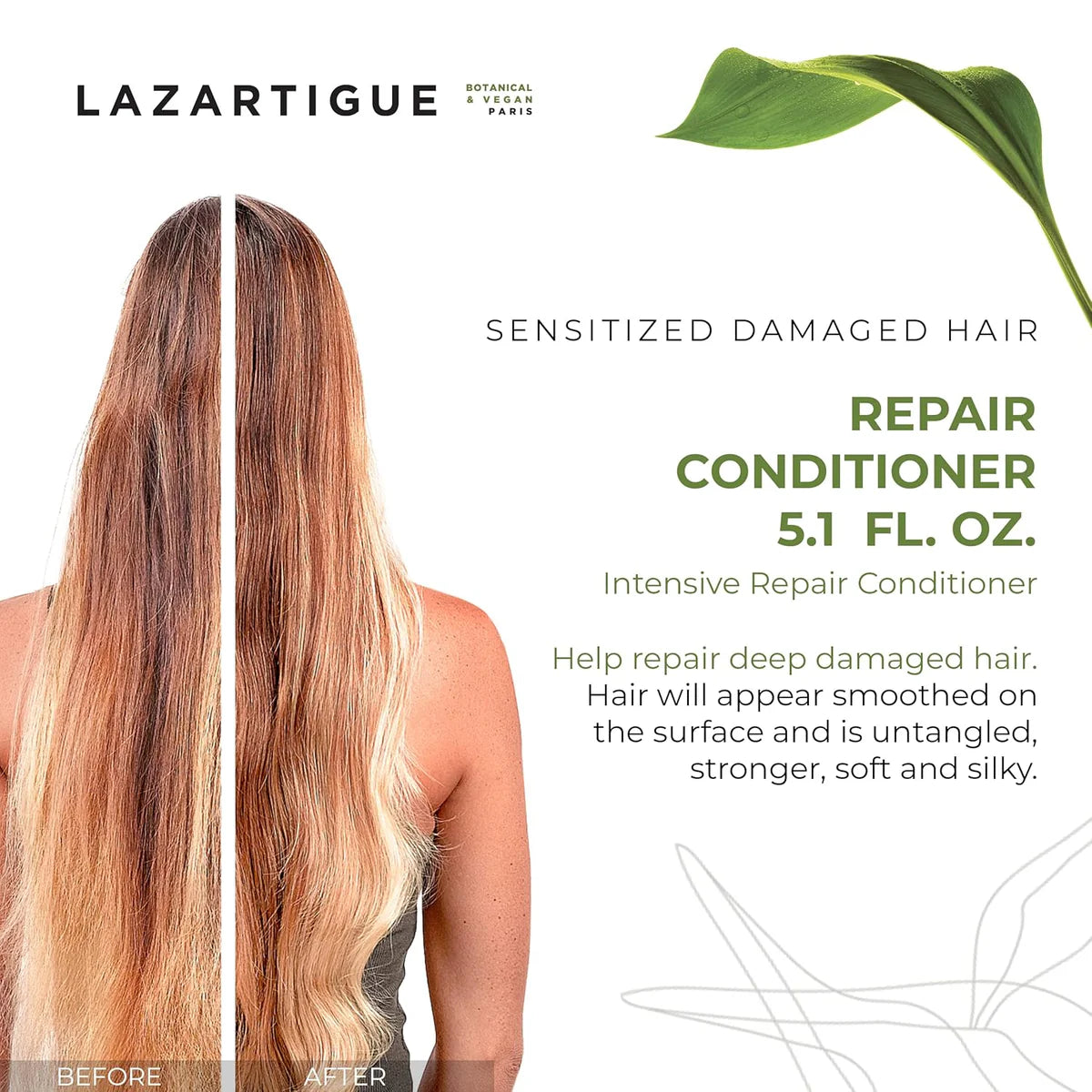 Before and after results of Lazartigue Repair Conditioner on damaged hair, showing smoother, shinier, and healthier strands.