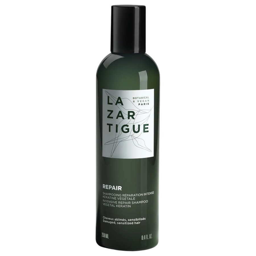 Lazartigue Repair Shampoo 250 ml in sleek green bottle, sulfate-free and silicone-free formula designed to hydrate and strengthen damaged hair.