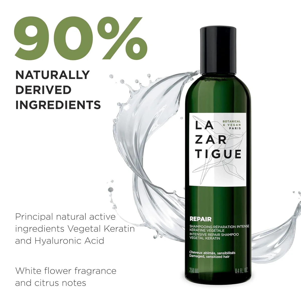 Lazartigue Repair Shampoo 250 ml with 90% naturally derived ingredients like vegetal keratin and hyaluronic acid for hydrating damaged hair.