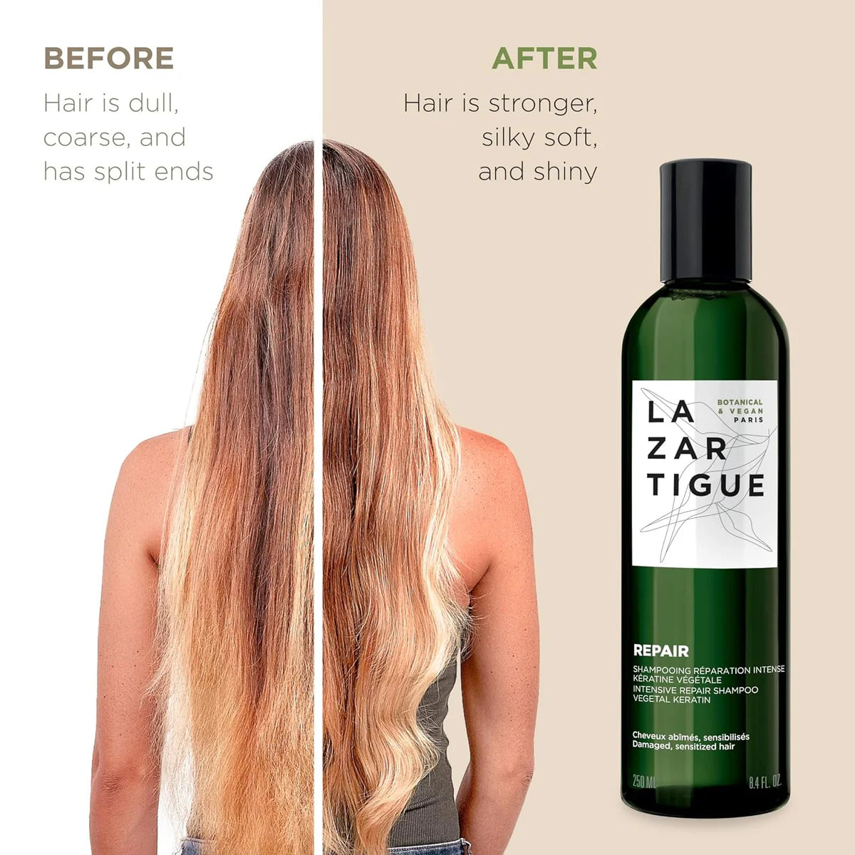 Before and after results using Lazartigue Repair Shampoo 250 ml showing transformation from dull to silky, strong, and soft hair.