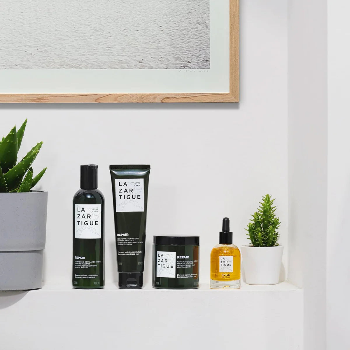 Lazartigue Repair Shampoo 250 ml with full hair care range including conditioner, mask, and oil, perfect for a complete damaged hair regimen.
