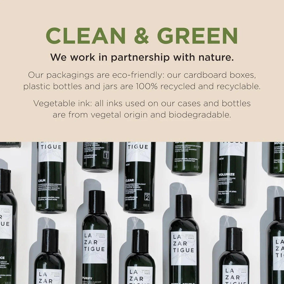 Lazartigue Repair Shampoo 250 ml featured in eco-friendly packaging with biodegradable materials and vegetable ink for sustainable hair care.