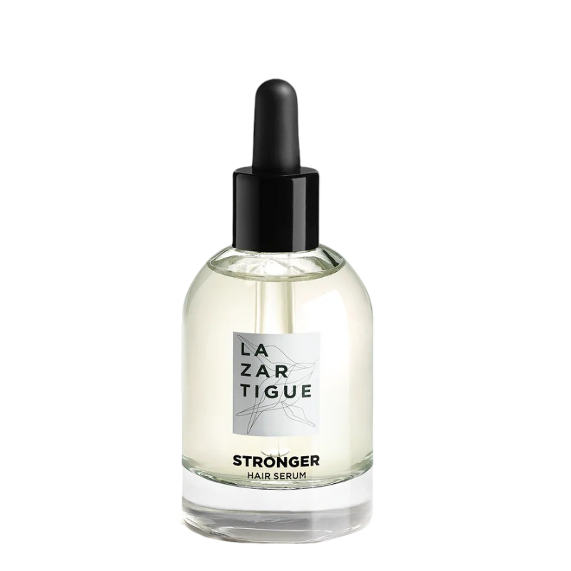 Lazartigue Stronger Hair Serum 50 ml in a clear glass dropper bottle, designed to boost hair growth and volume with a lightweight, vegan formula.