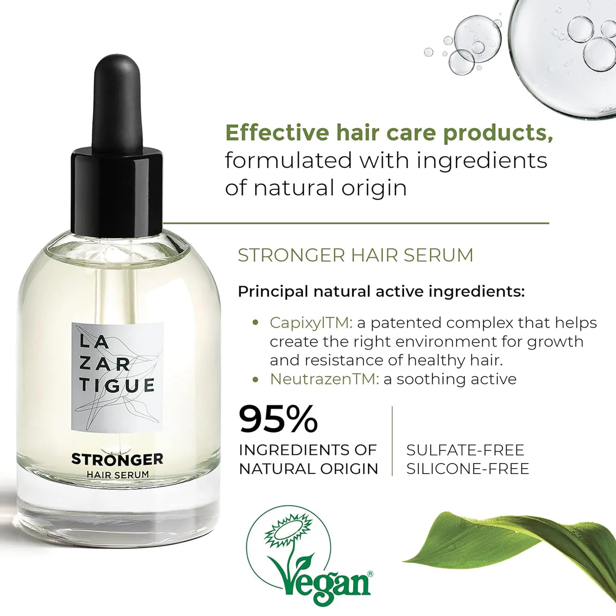Lazartigue Stronger Hair Serum with Capixyl and Neutrazen, made with 95% natural origin ingredients; sulfate-free, silicone-free, and vegan certified.