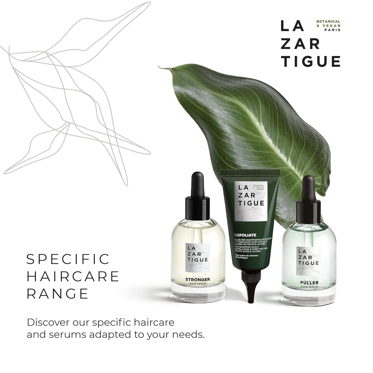 Lazartigue specific haircare range including Thicker, Stronger, and Fuller serums for targeted hair loss treatments.