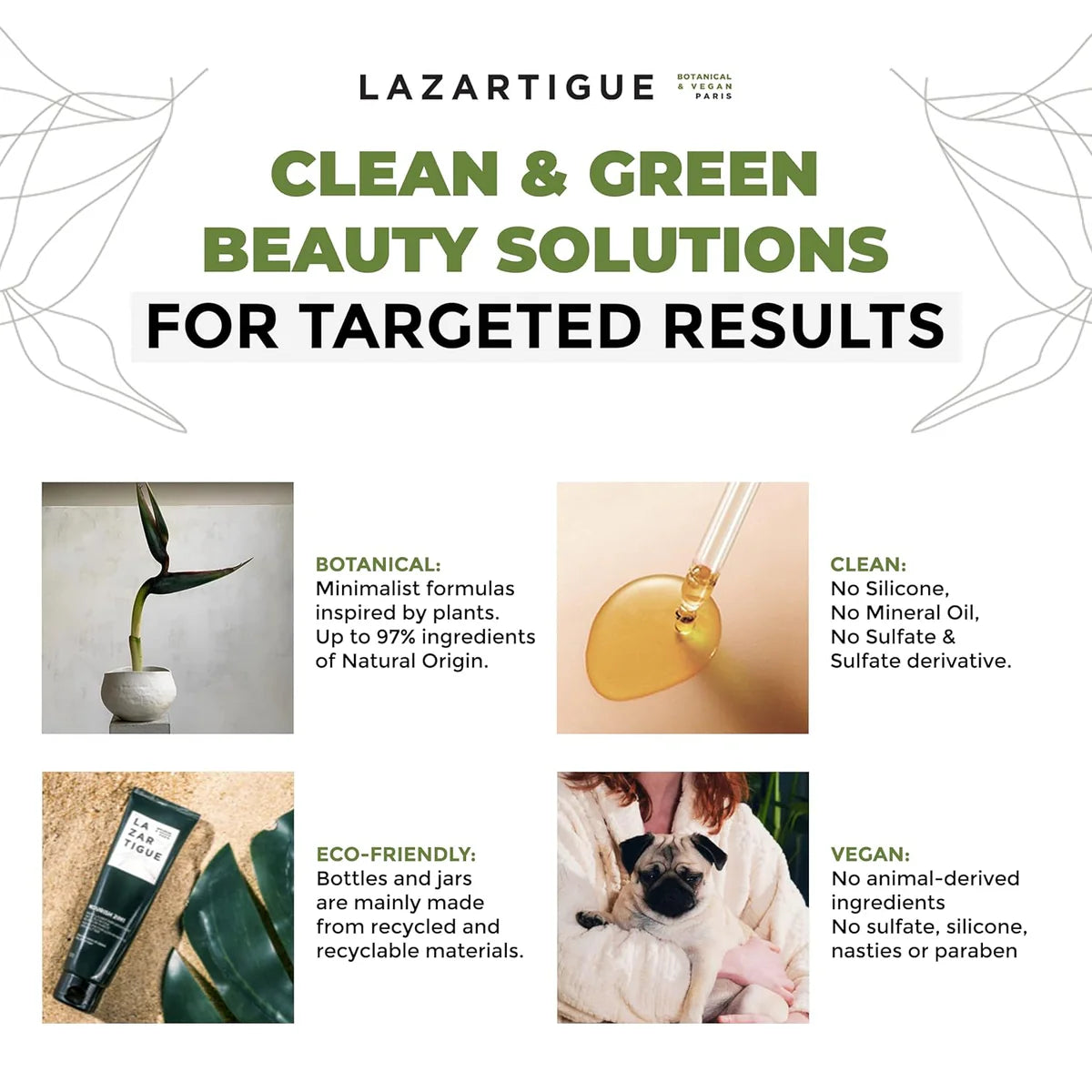 Lazartigue clean beauty infographic highlighting vegan, sulfate-free, and eco-friendly ingredients in hair serums.