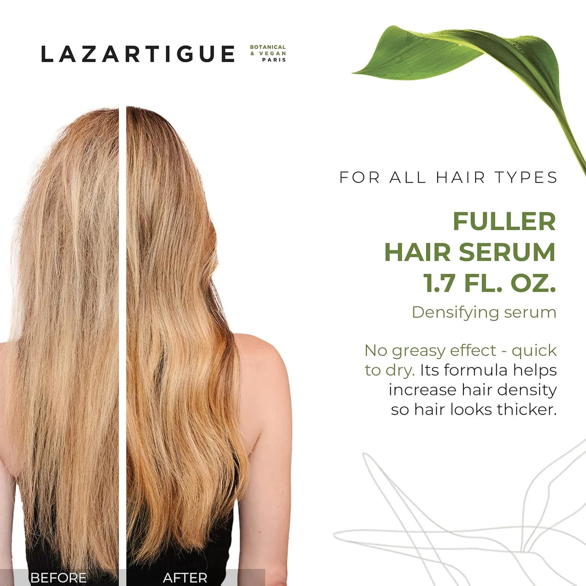 Before and after results of Lazartigue Fuller Hair Serum showing increased hair density and thickness for all hair types.