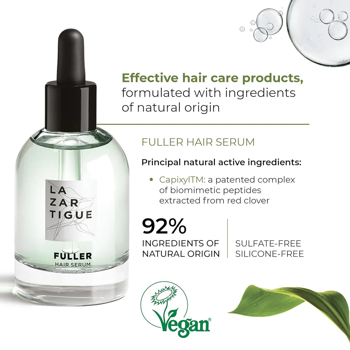 Lazartigue Fuller Hair Serum with 92% natural origin ingredients, featuring Capixyl™ for hair thickening and vegan care.
