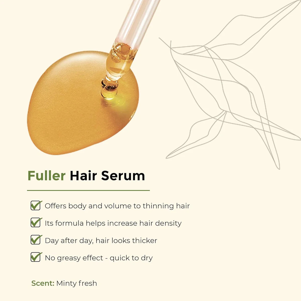 Lazartigue Fuller Hair Serum benefits infographic showing volume boost, quick-dry formula, and minty fresh scent.