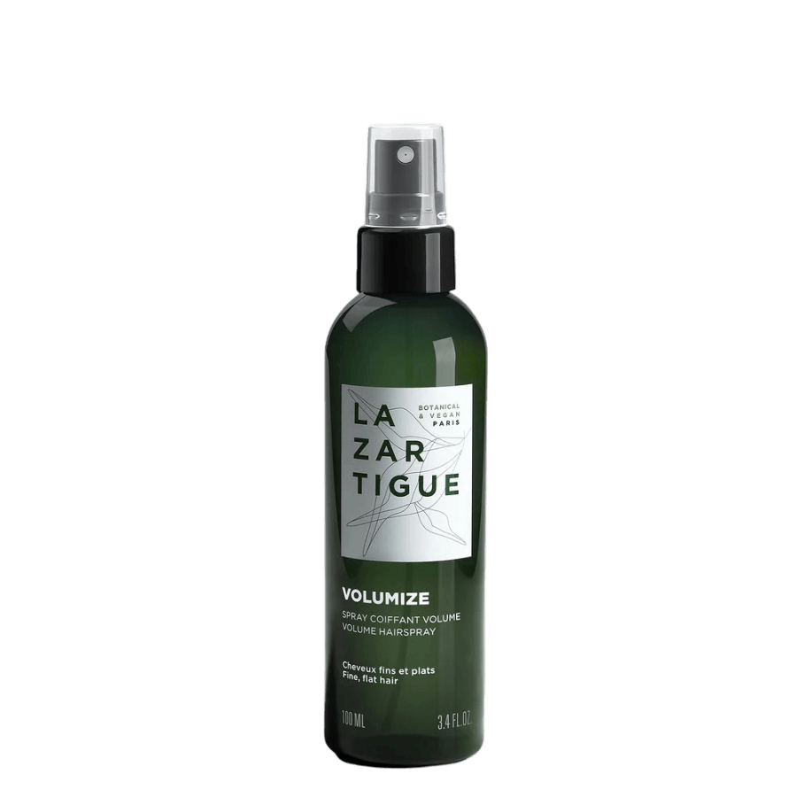 Lazartigue Volumize Hairspray 100 ml in sleek green bottle, vegan and alcohol-free, ideal for fine, flat hair needing lightweight volume boost.