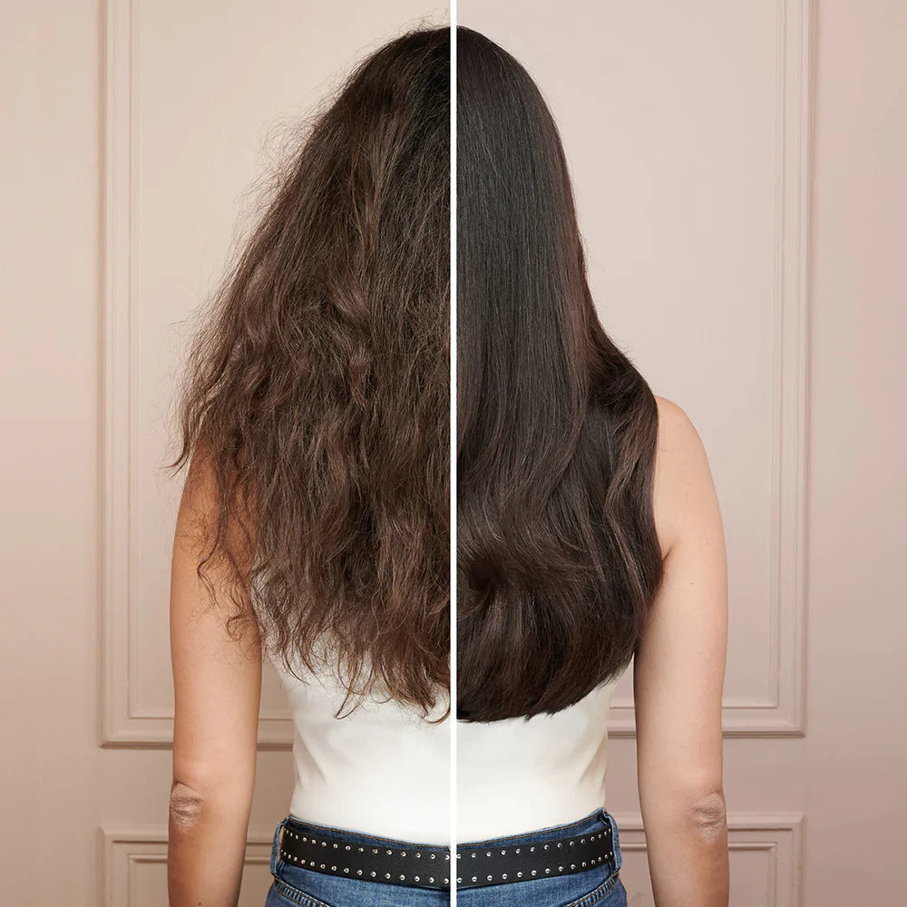 Before and after results of Lazartigue Hair Serum on frizzy hair, showing transformation to smooth, shiny, healthy-looking strands.