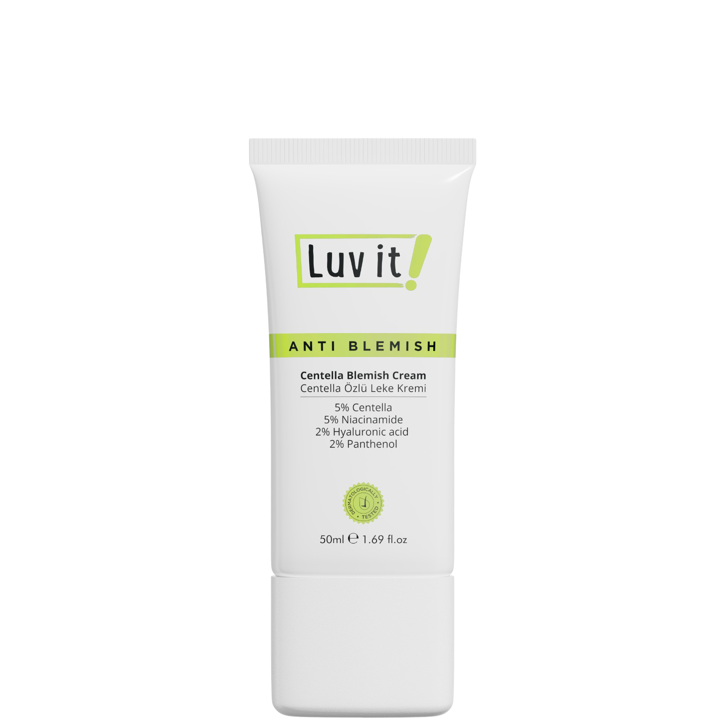 White tube of Luv It! Centella Anti-Blemish Cream with green and black text, featuring ingredients like Centella, Niacinamide, Hyaluronic acid, and Panthenol, 50 ml size