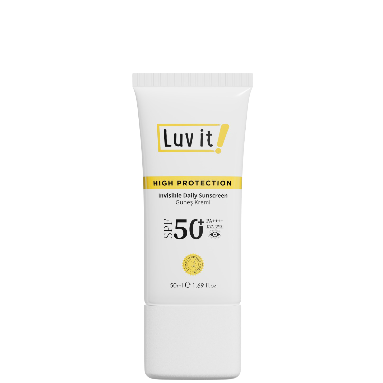 White tube of Luv It! High Protection Invisible Daily Sunscreen SPF50+ with yellow and black text, broad-spectrum sun protection, 50ml size