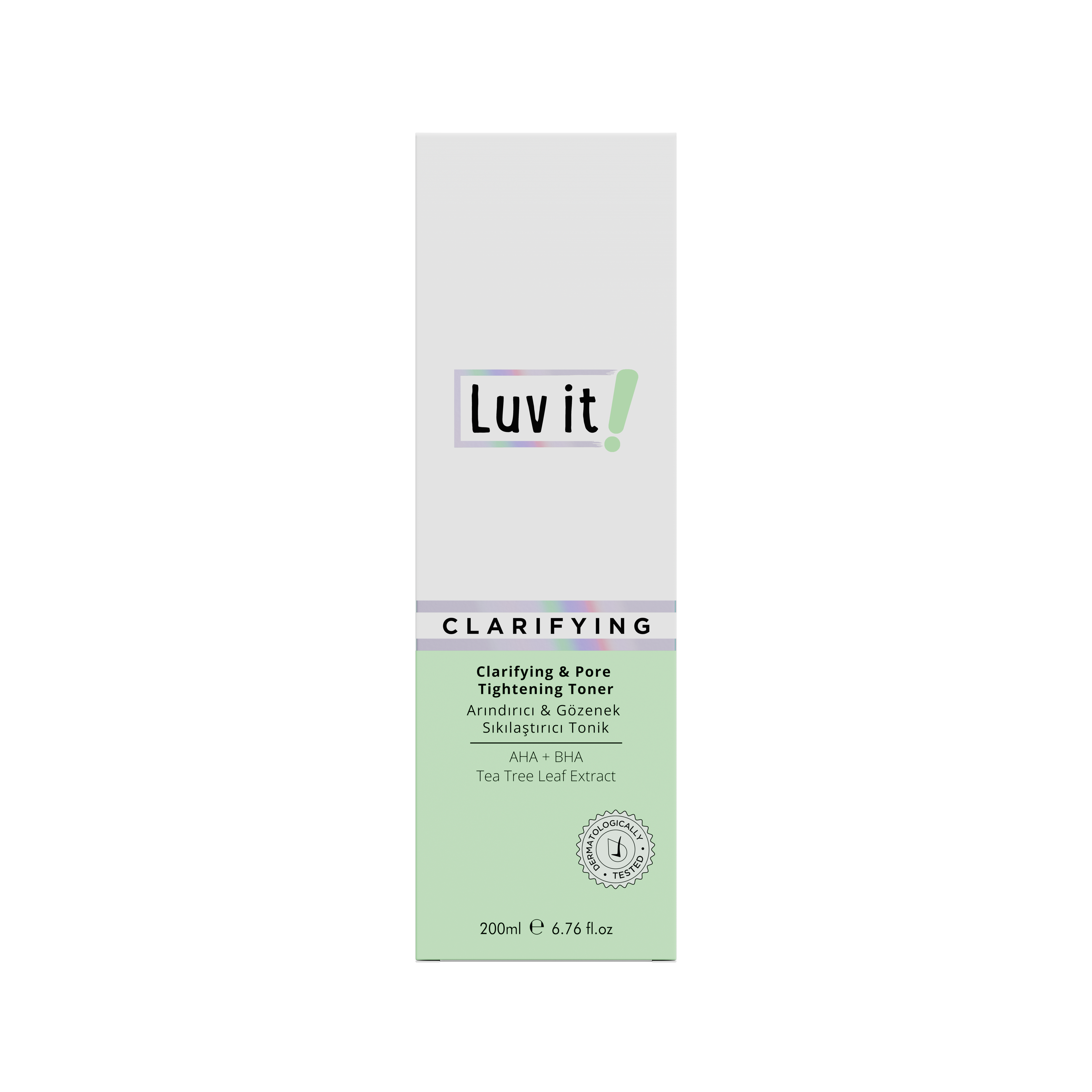 Front view of Luv It! Toner packaging box showing vegan clarifying toner with 5% AHA, 0.5% BHA, and tea tree leaf extract for pore care.