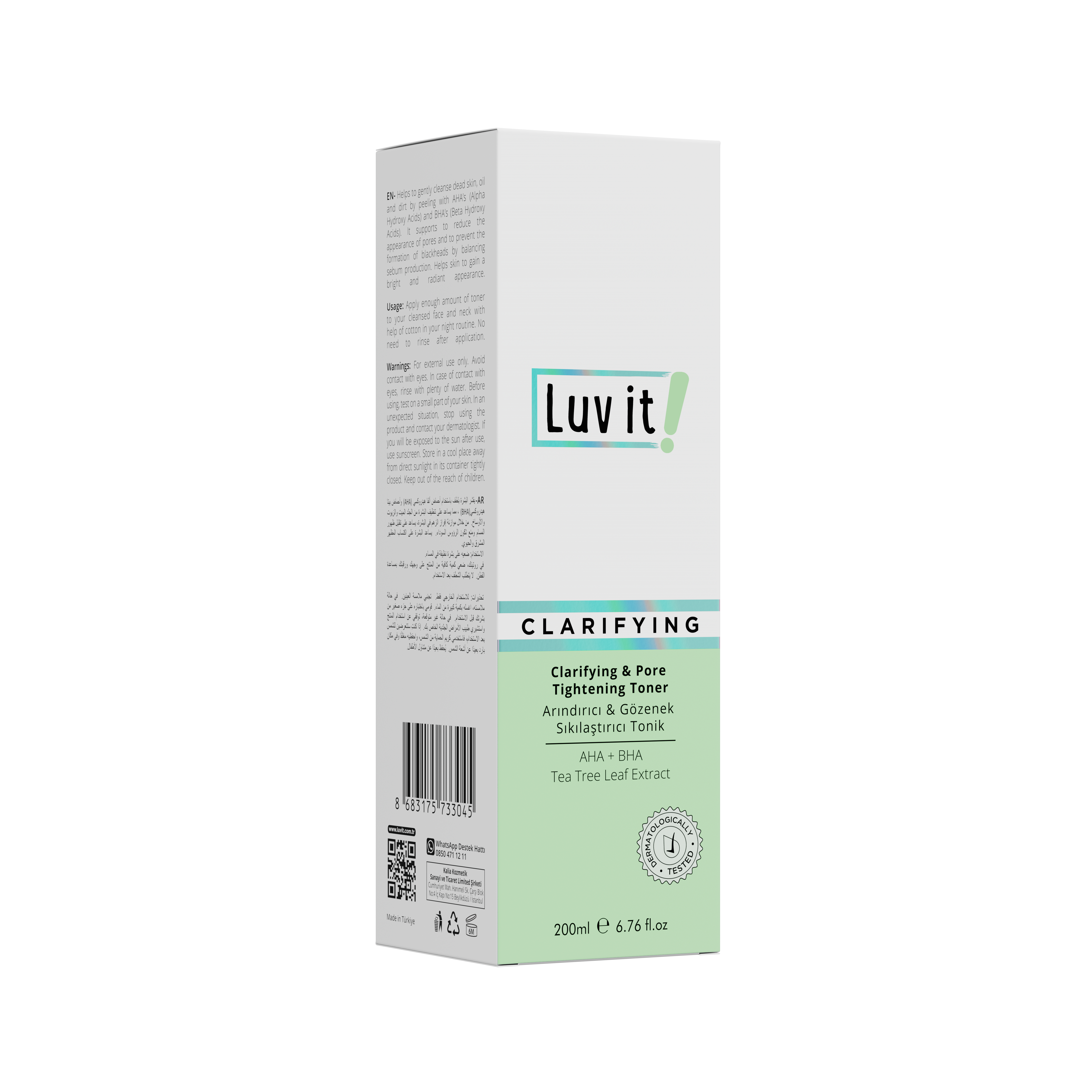Side view of Luv It! Clarifying Toner box detailing ingredients and benefits like pore tightening, oil control, and skin barrier support.