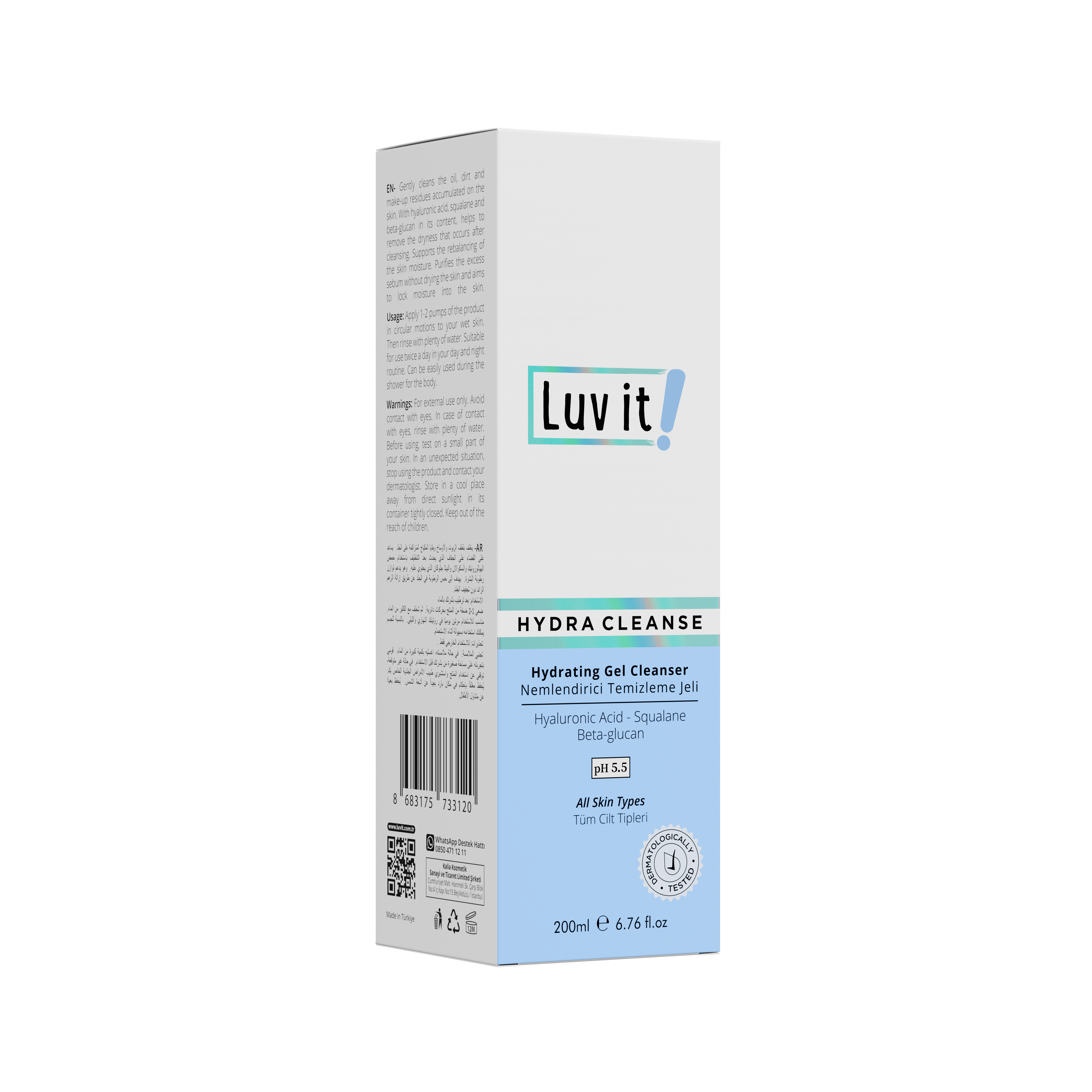 Angled view of Luv It! Hydra Cleanse Gel Cleanser packaging showing vegan, alcohol-free skincare benefits and ingredients for uneven skin tone.