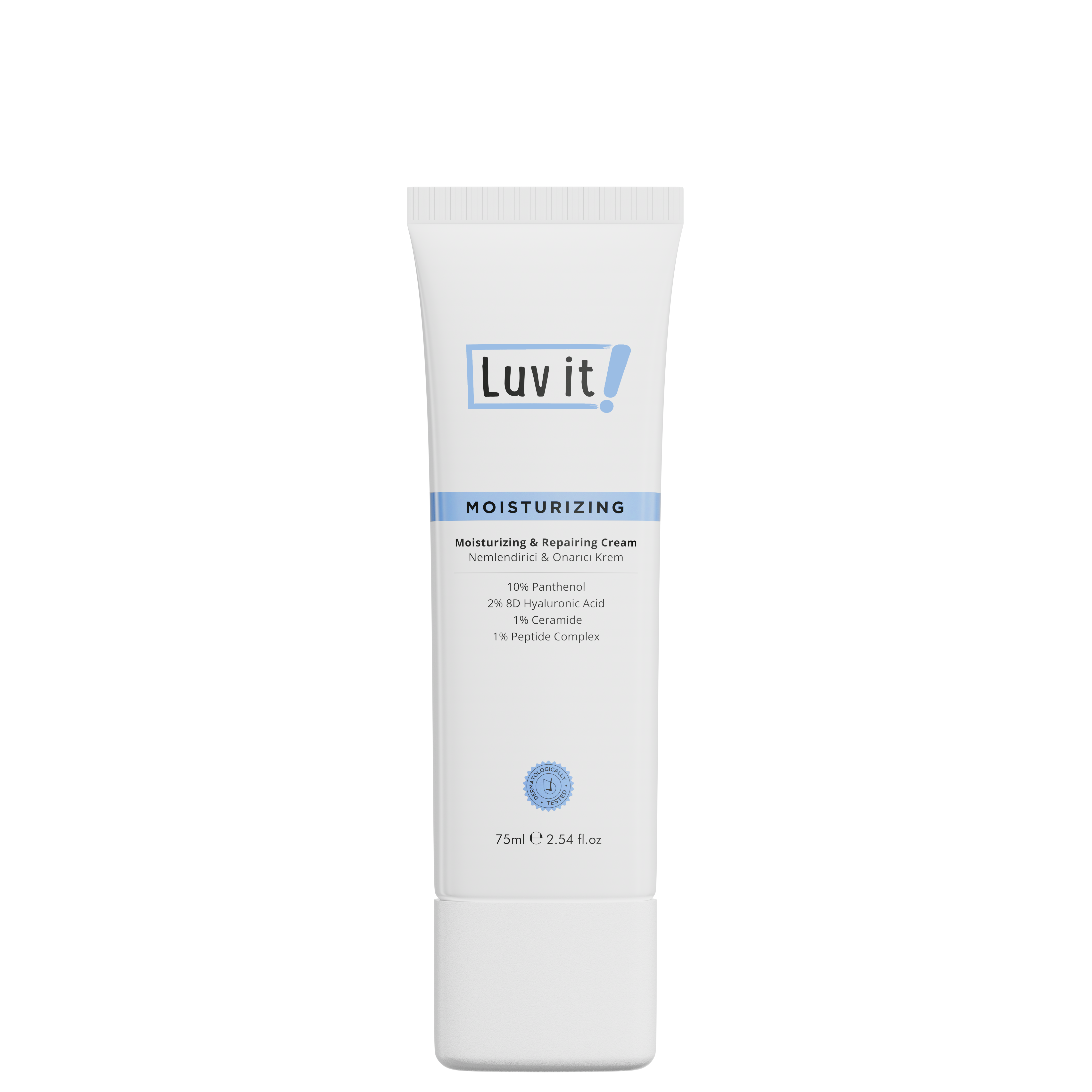 Luv It! Moisturizing & Repairing Cream 75 ml tube with vegan, alcohol-free, non-comedogenic formula for all skin types and sensitive skin.