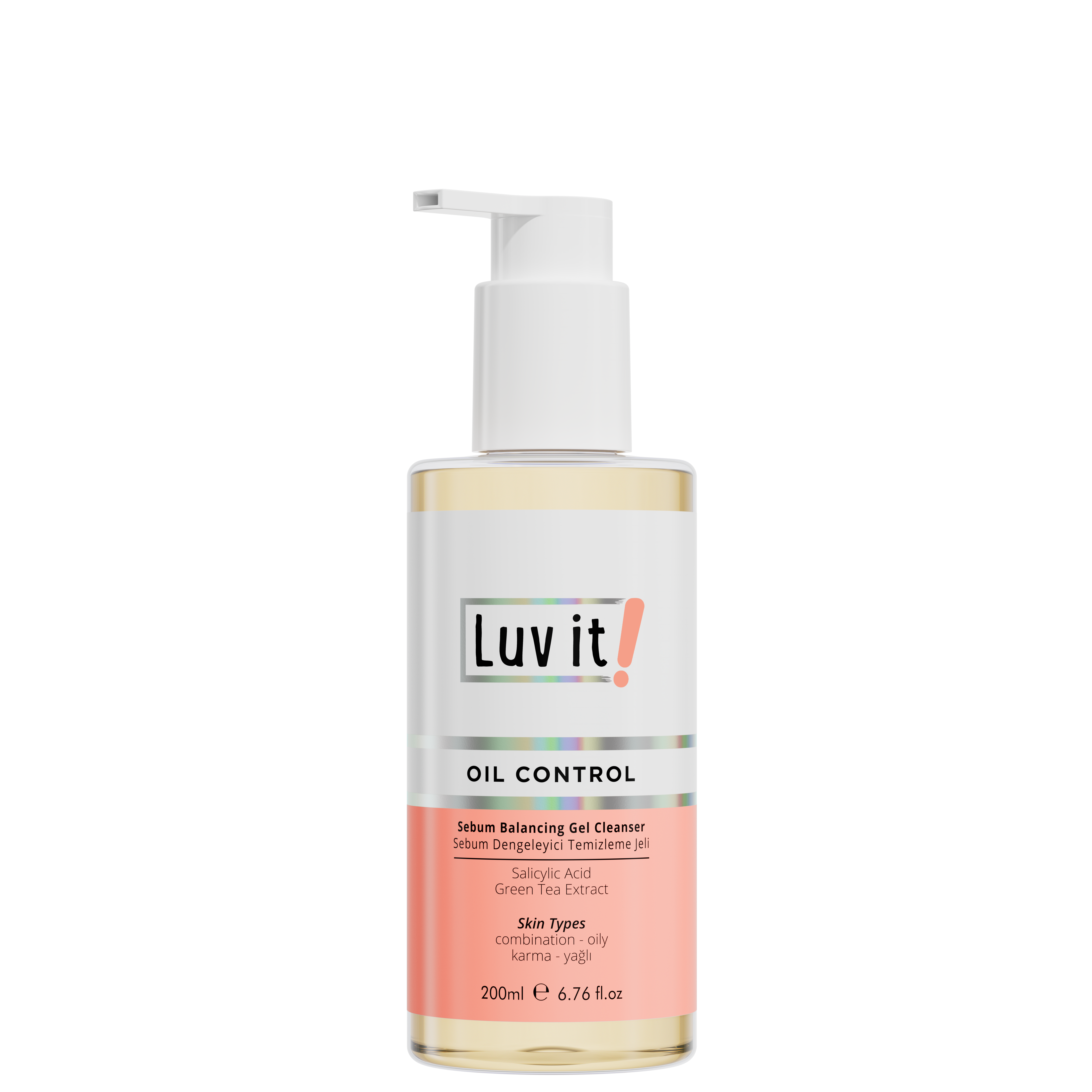 Luv It! Oil Control Sebum Balancing Gel Cleanser 200 ml in pump bottle, vegan and alcohol-free formula for oily and combination skin.