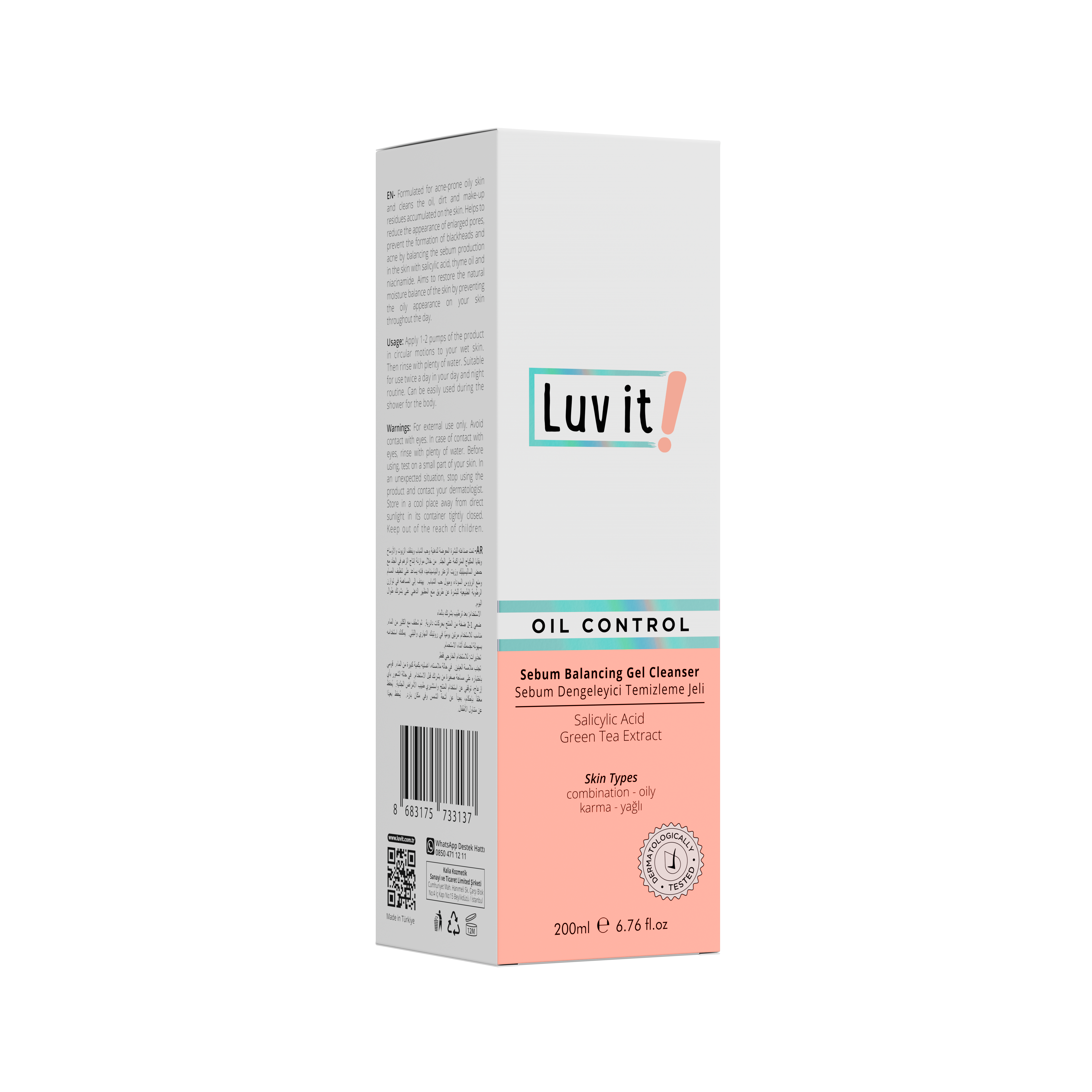 Angled view of Luv It! Oil Control Gel Cleanser packaging showing ingredients and product details for oily and combination skin types.