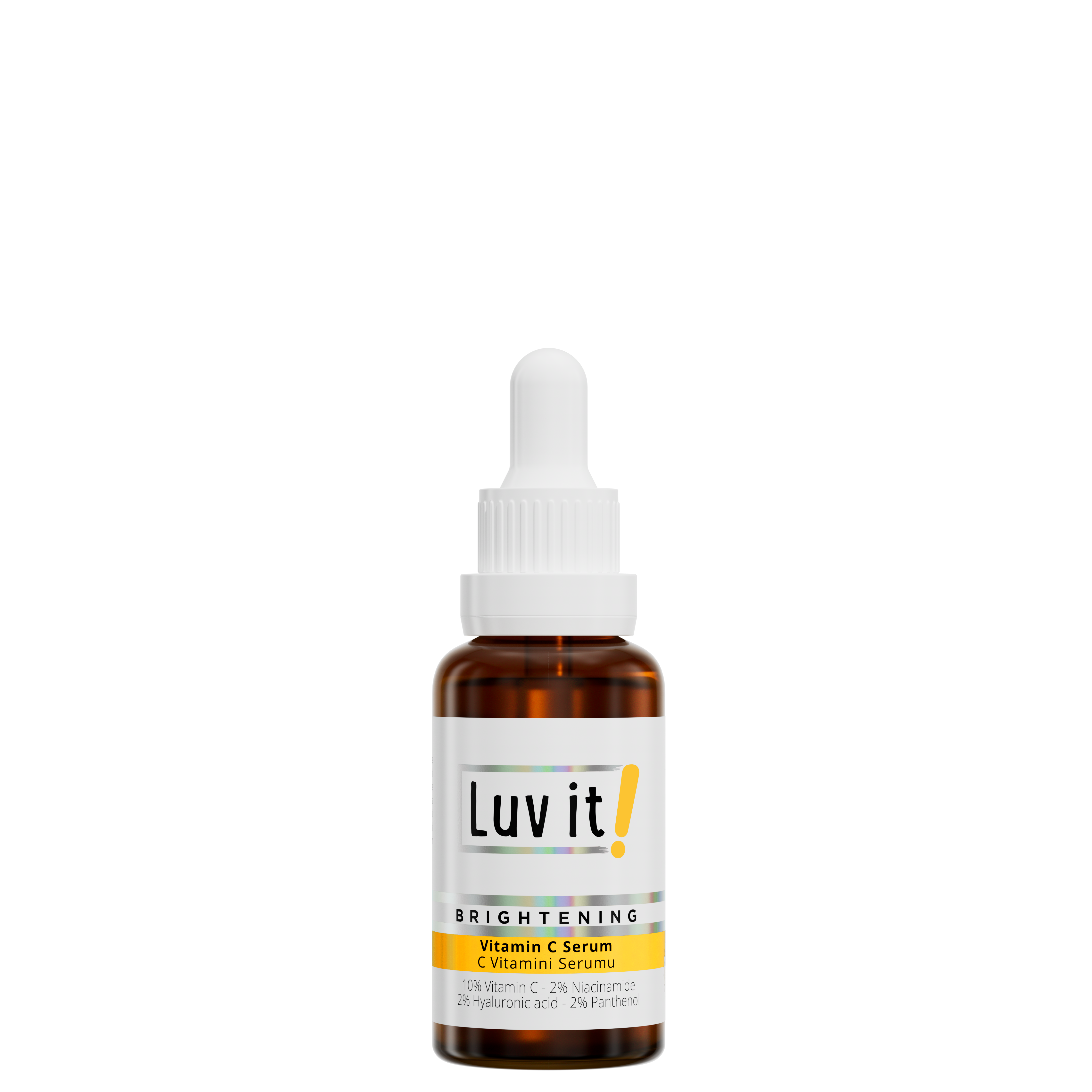 Luv It Vitamin C Brightening Serum 30ml dropper bottle with 10% Vitamin C, niacinamide, hyaluronic acid, and panthenol for radiant skin.