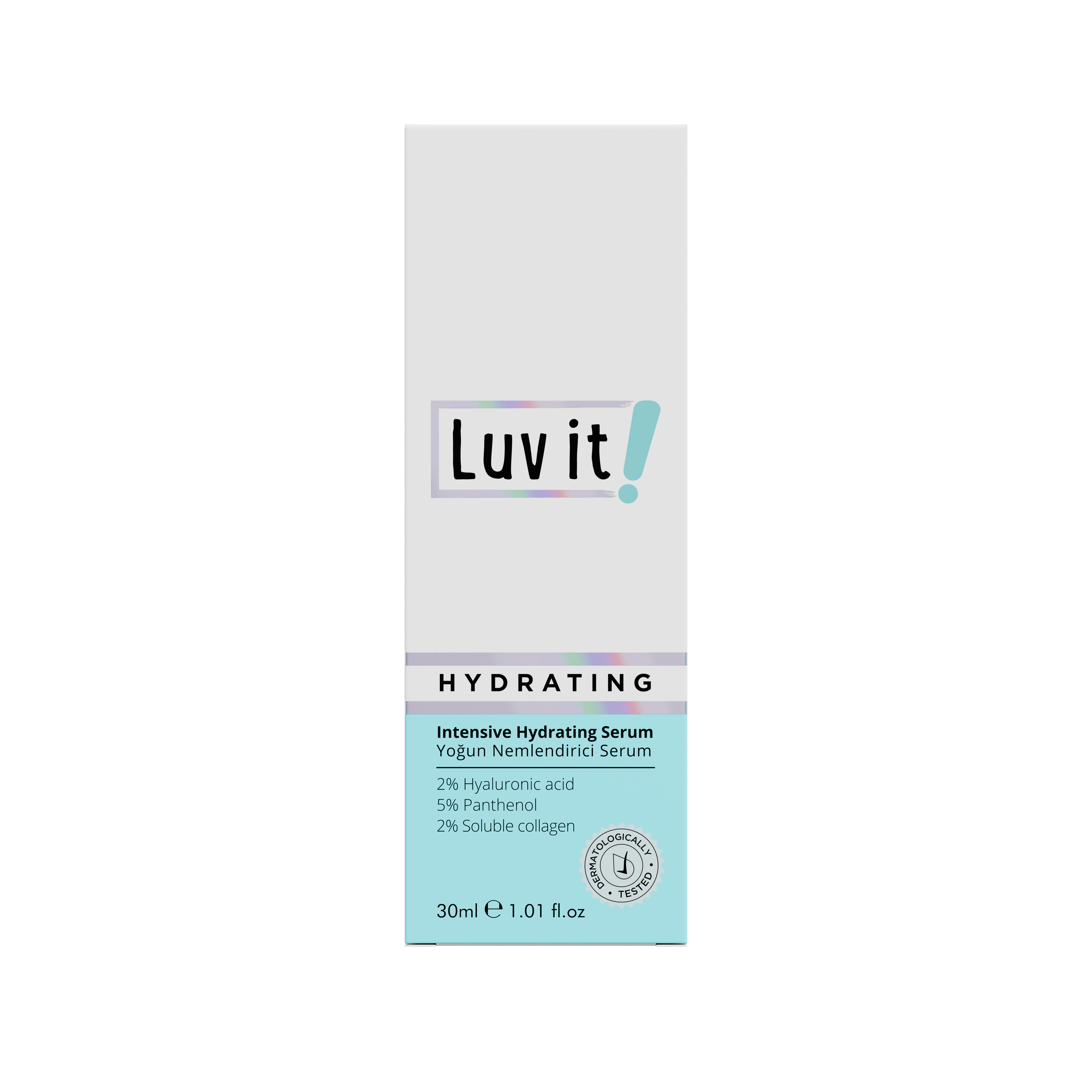 Front view of Luv It! Intensive Hydrating Serum 30 ml packaging with collagen, hyaluronic acid, and panthenol for deep skin hydration.