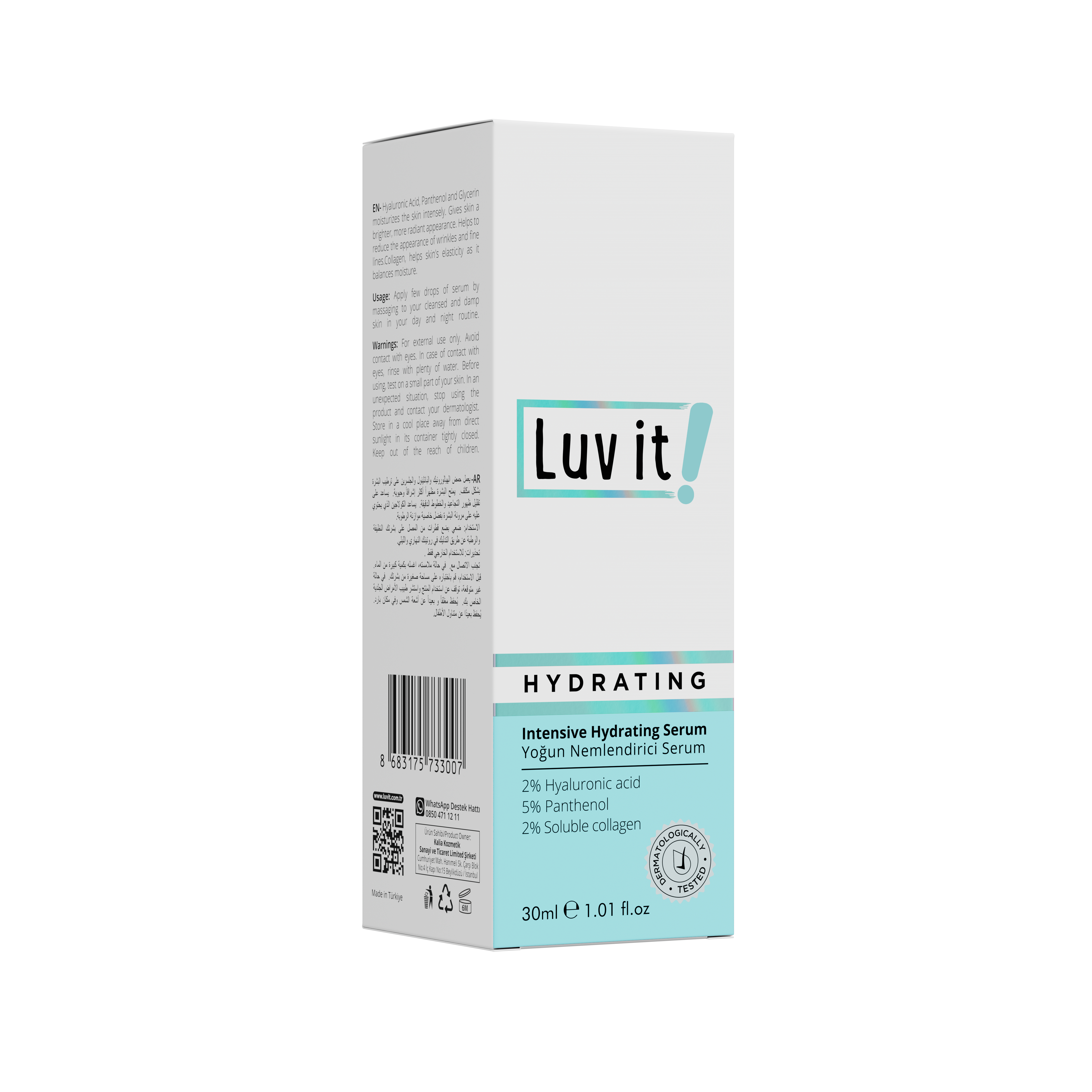 Side view of Luv It! Intensive Hydrating Serum box showing product details and ingredients including 2% hyaluronic acid and 5% panthenol.