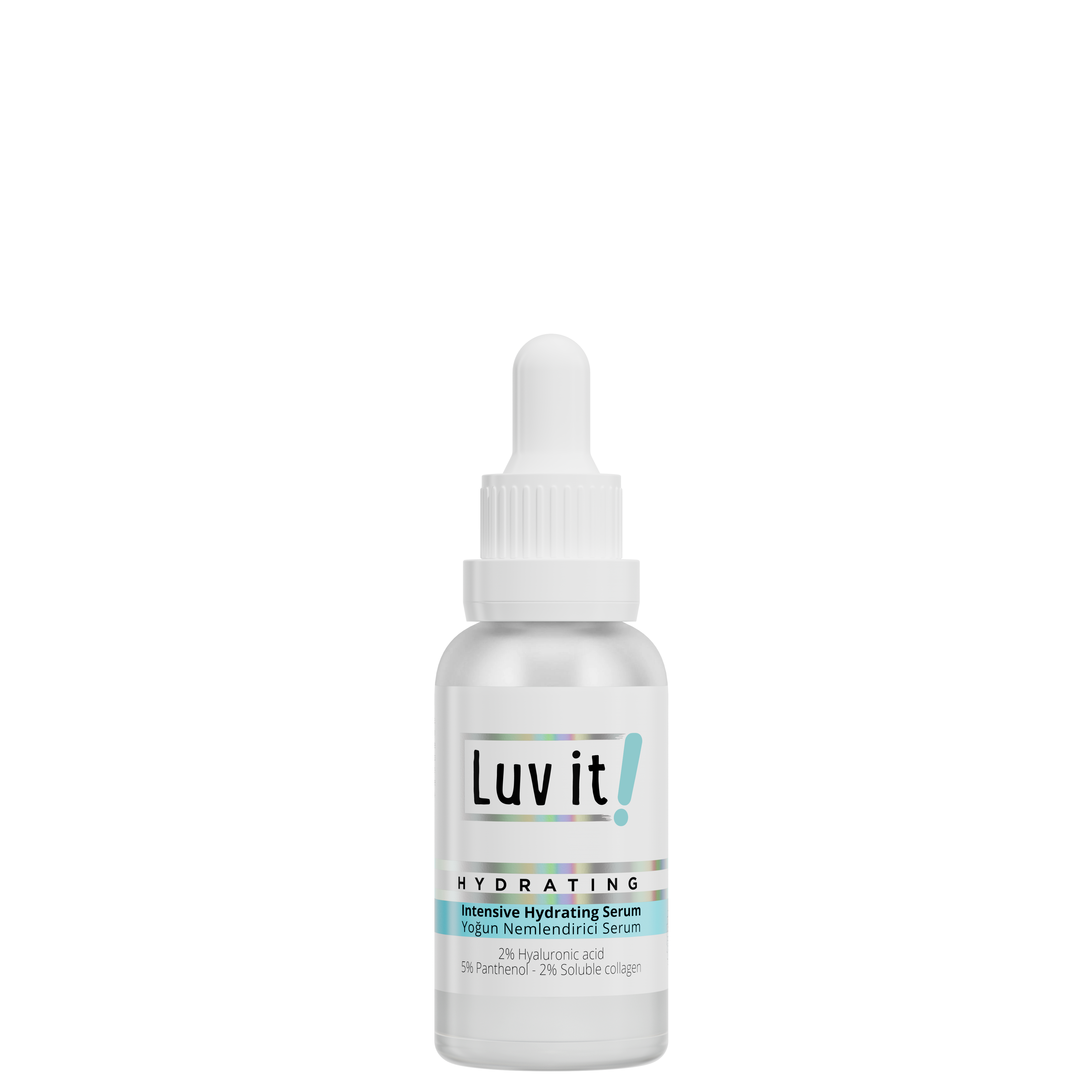 Luv It! Intensive Hydrating Serum 30 ml dropper bottle featuring collagen, hyaluronic acid, and niacinamide for all skin types.
