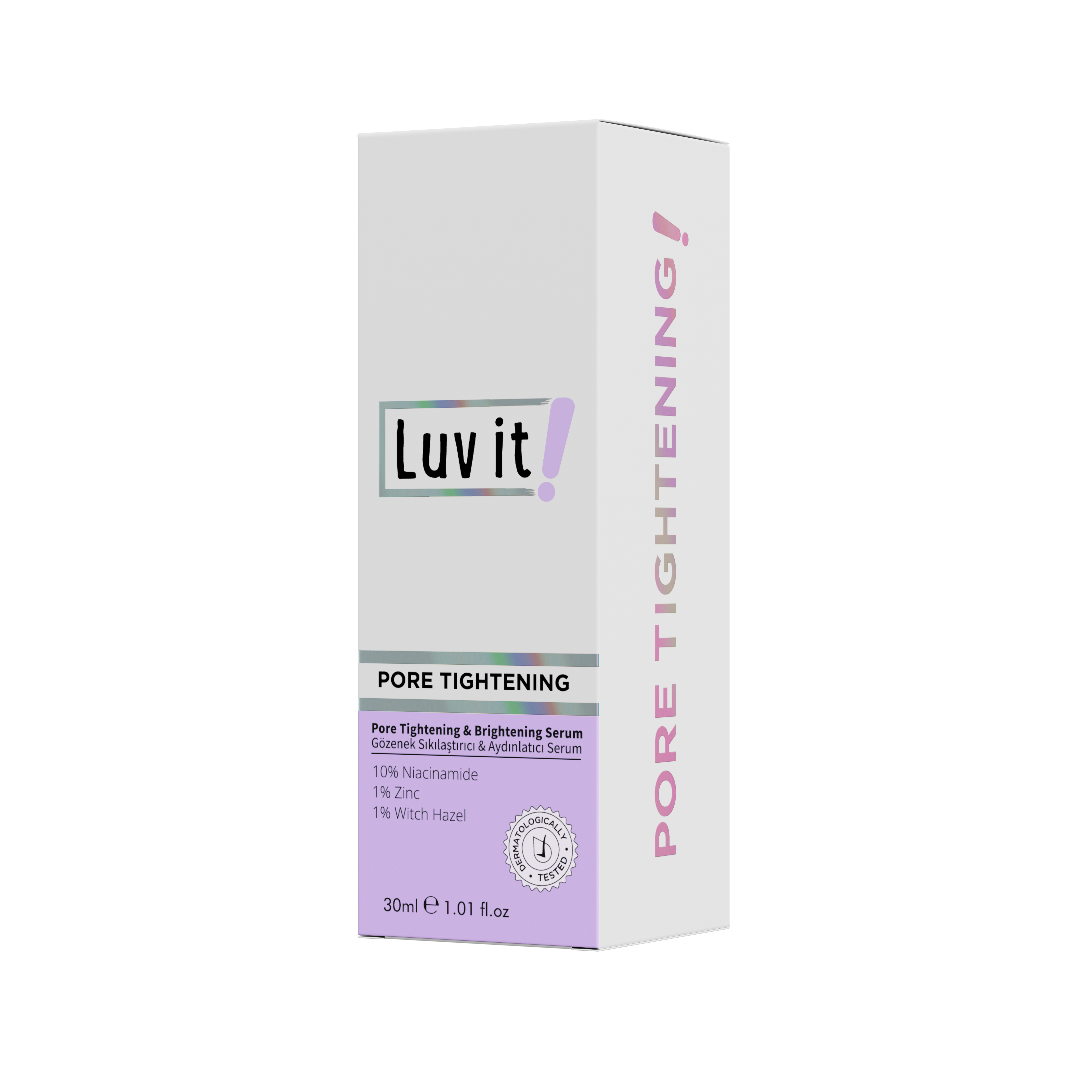 Side view of Luv It! Pore Tightening & Brightening Serum box with bold 'Pore Tightening!' text, ideal for oily skin and enlarged pores treatment.