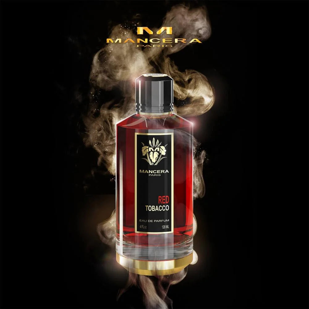 Red Tobacco Perfume by Mancera 120ml showcased with golden smoke effect, emphasizing its luxurious spicy tobacco aroma.