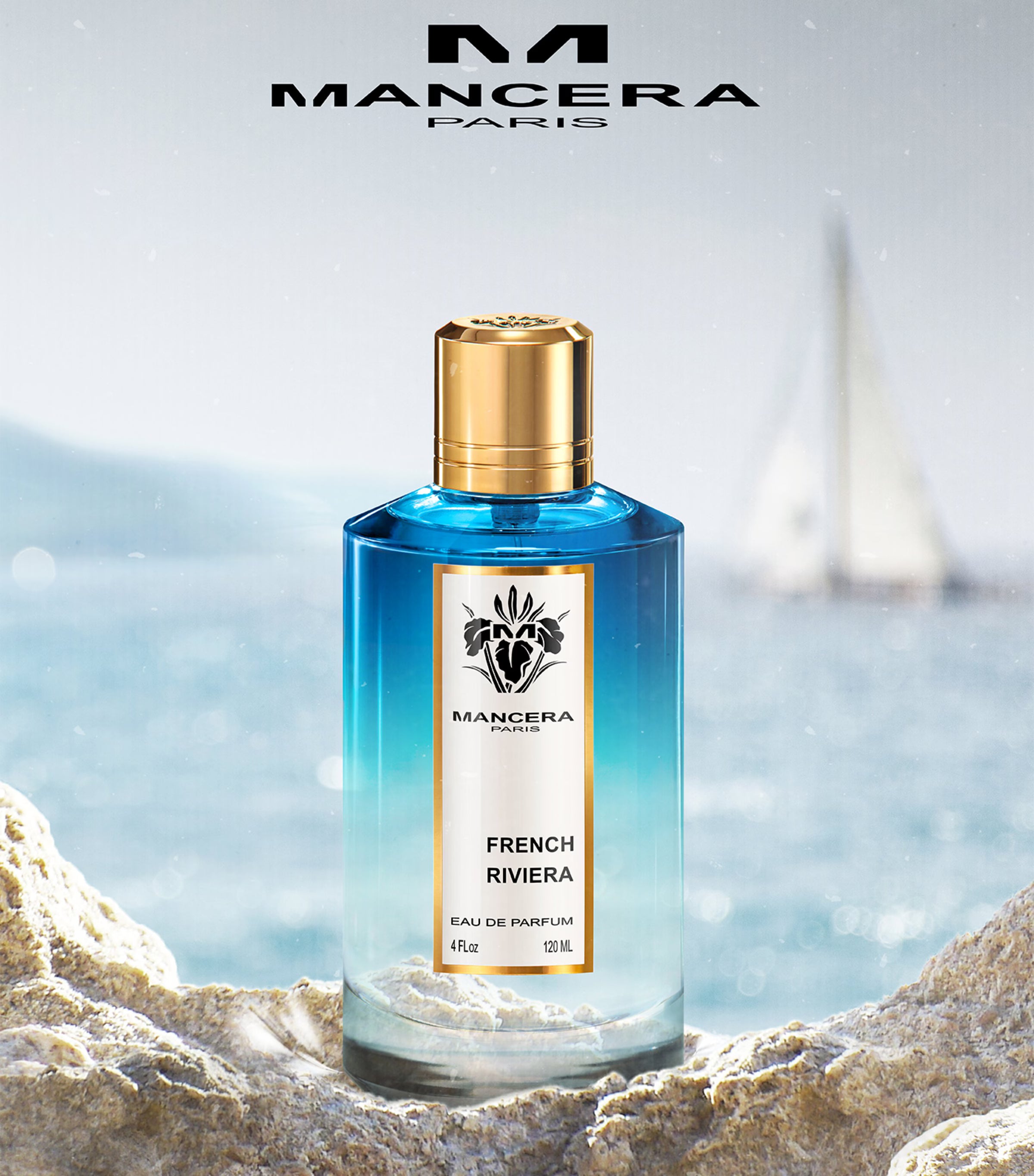 Mancera French Riviera Perfume - 120 ml showcased by the sea, reflecting its fresh citrus and marine scent in premium unisex fragrance range.
